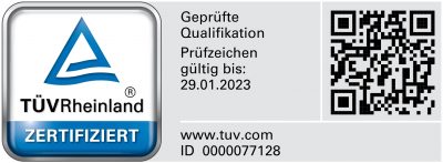 TÜV Rheinland zertifiziert bis 01-2023